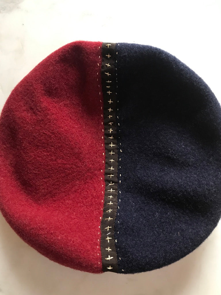 Two tone merino wool beret - Circus - navy and wine red - Shipping free - Tomoko Tahara millinery works