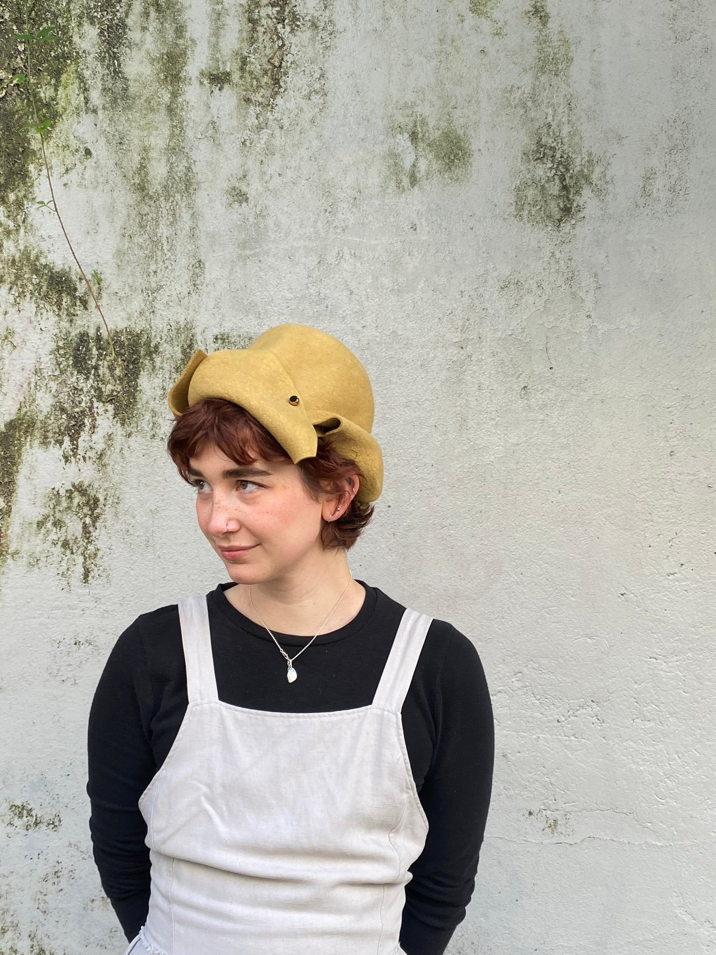 Folded asymmetrical fur felt hat - Origami - mustard yellow - Tomoko Tahara millinery works