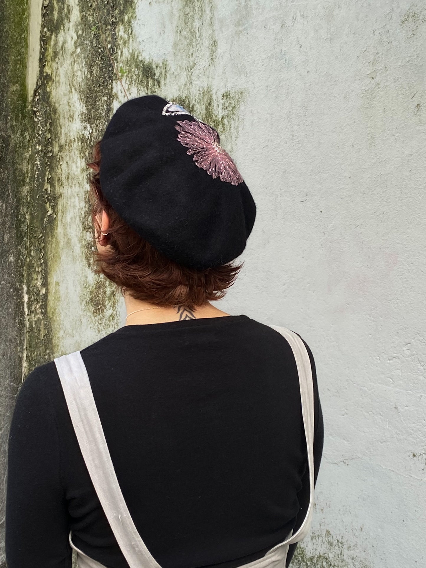 Black fur felt beret - Enigmatic eyes - Shipping free - Tomoko Tahara millinery works