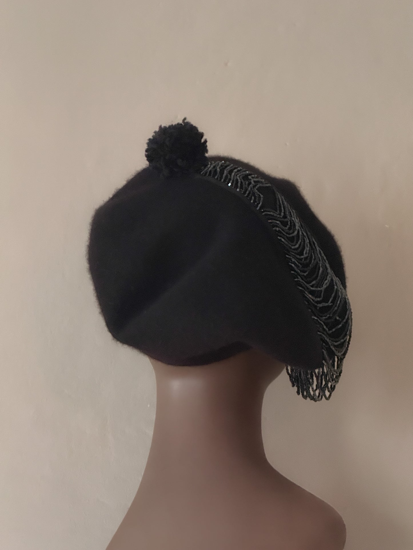 Wool Beret with 1920s Great Gatsby inspired black Beaded Fringe.