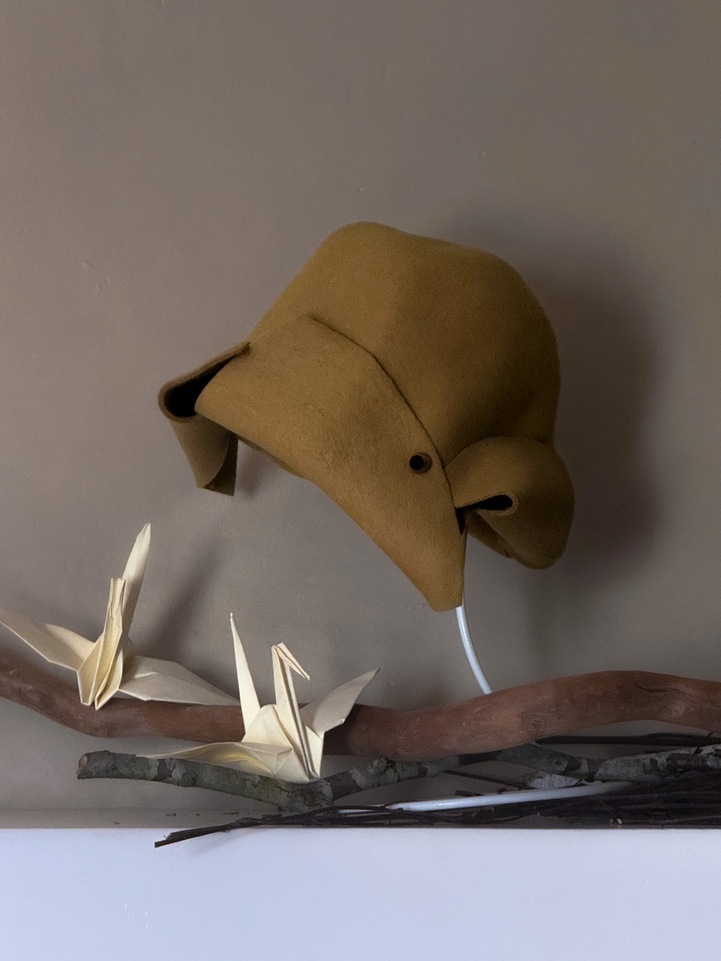 Folded asymmetrical fur felt hat - Origami - mustard yellow - Tomoko Tahara millinery works