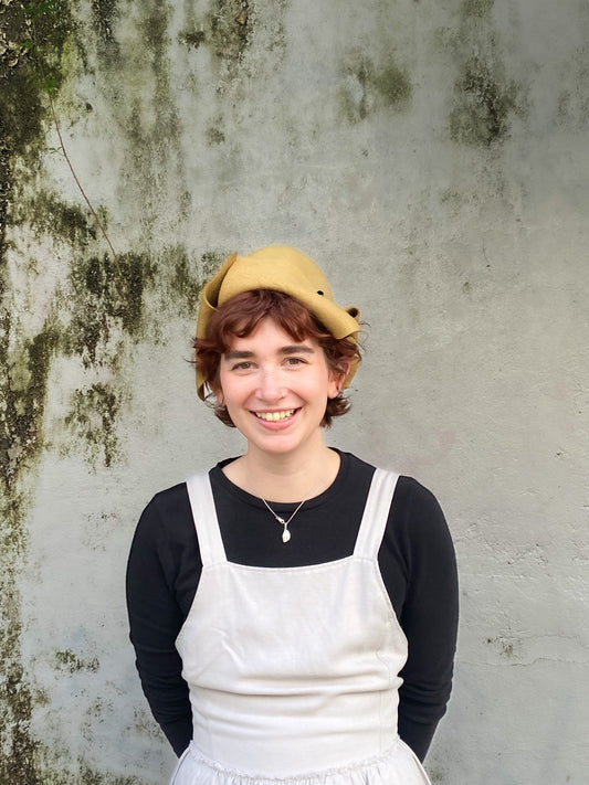 Folded asymmetrical fur felt hat - Origami - mustard yellow - Tomoko Tahara millinery works
