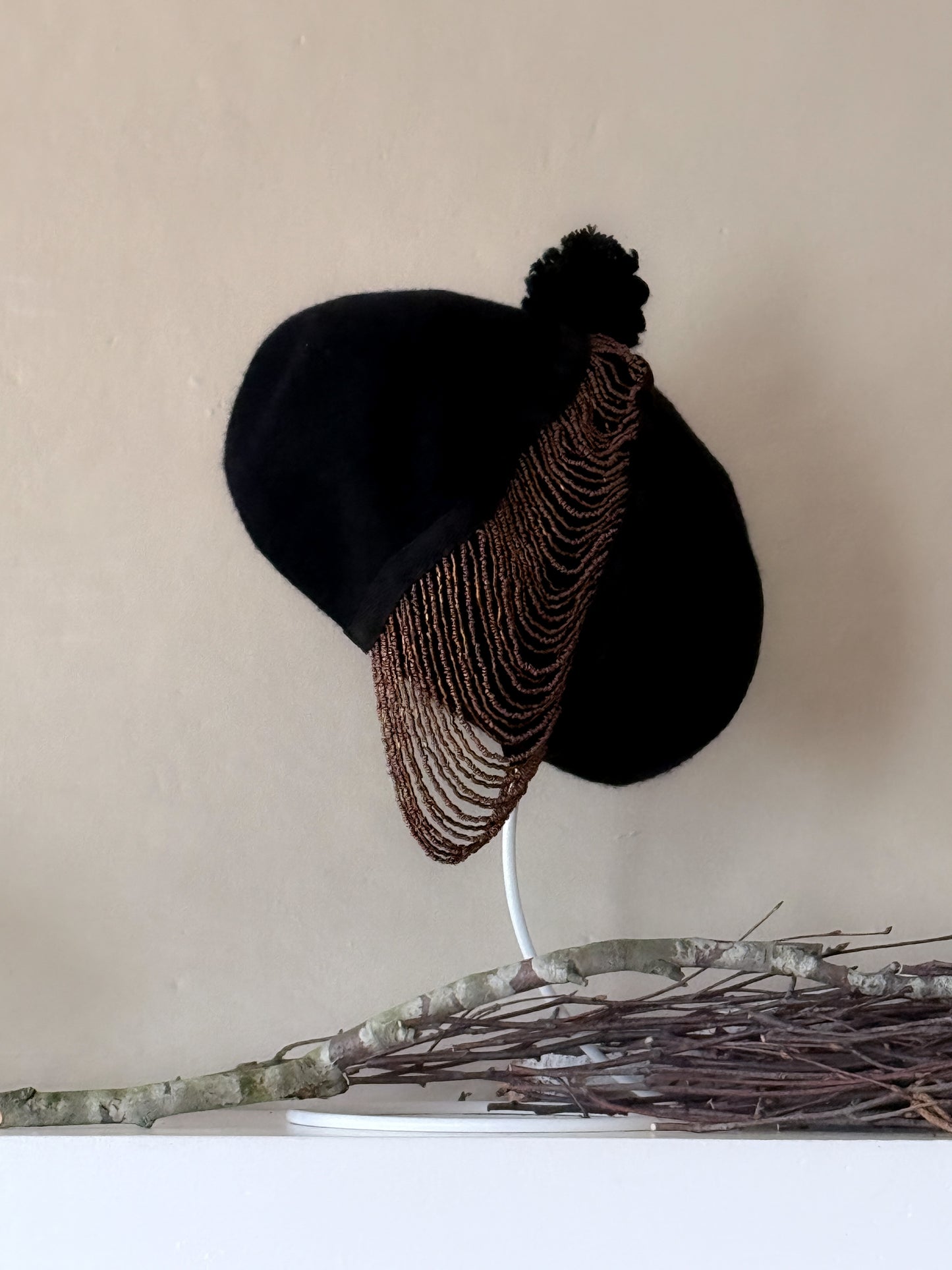Black Beret with 1920s Great Gatsby inspired brown Beaded Fringe.