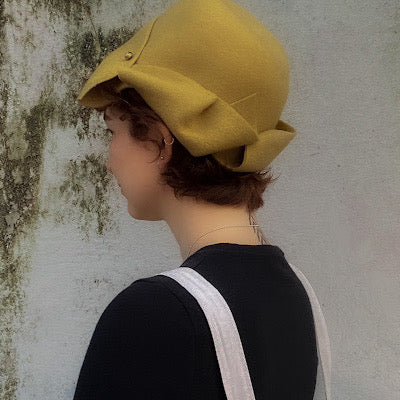 Folded asymmetrical fur felt hat - Origami - mustard yellow - Tomoko Tahara millinery works