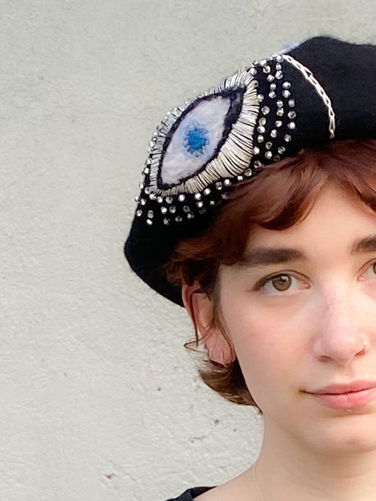 Black fur felt beret - Enigmatic eyes  - Tomoko Tahara millinery works