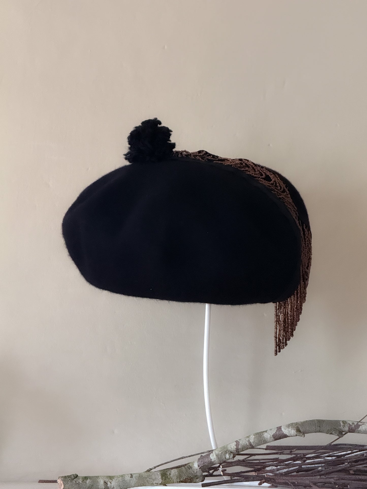 Black Beret with 1920s Great Gatsby inspired brown Beaded Fringe.