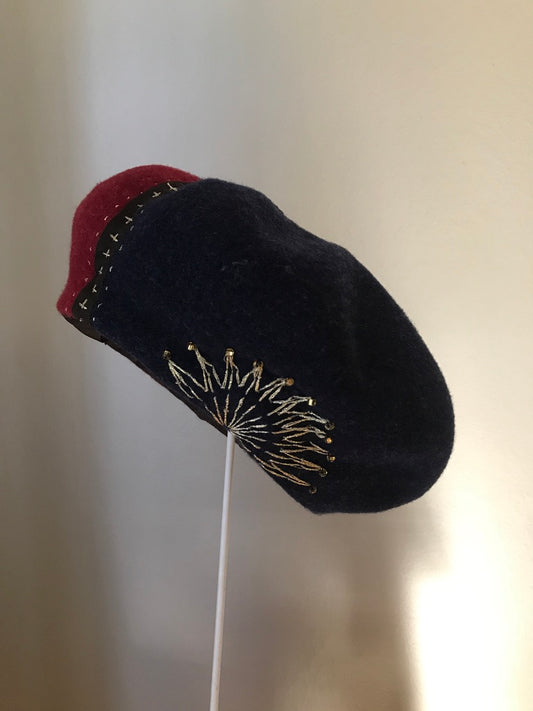 Two tone fur felt wool beret - navy and wine red  - Tomoko Tahara millinery works