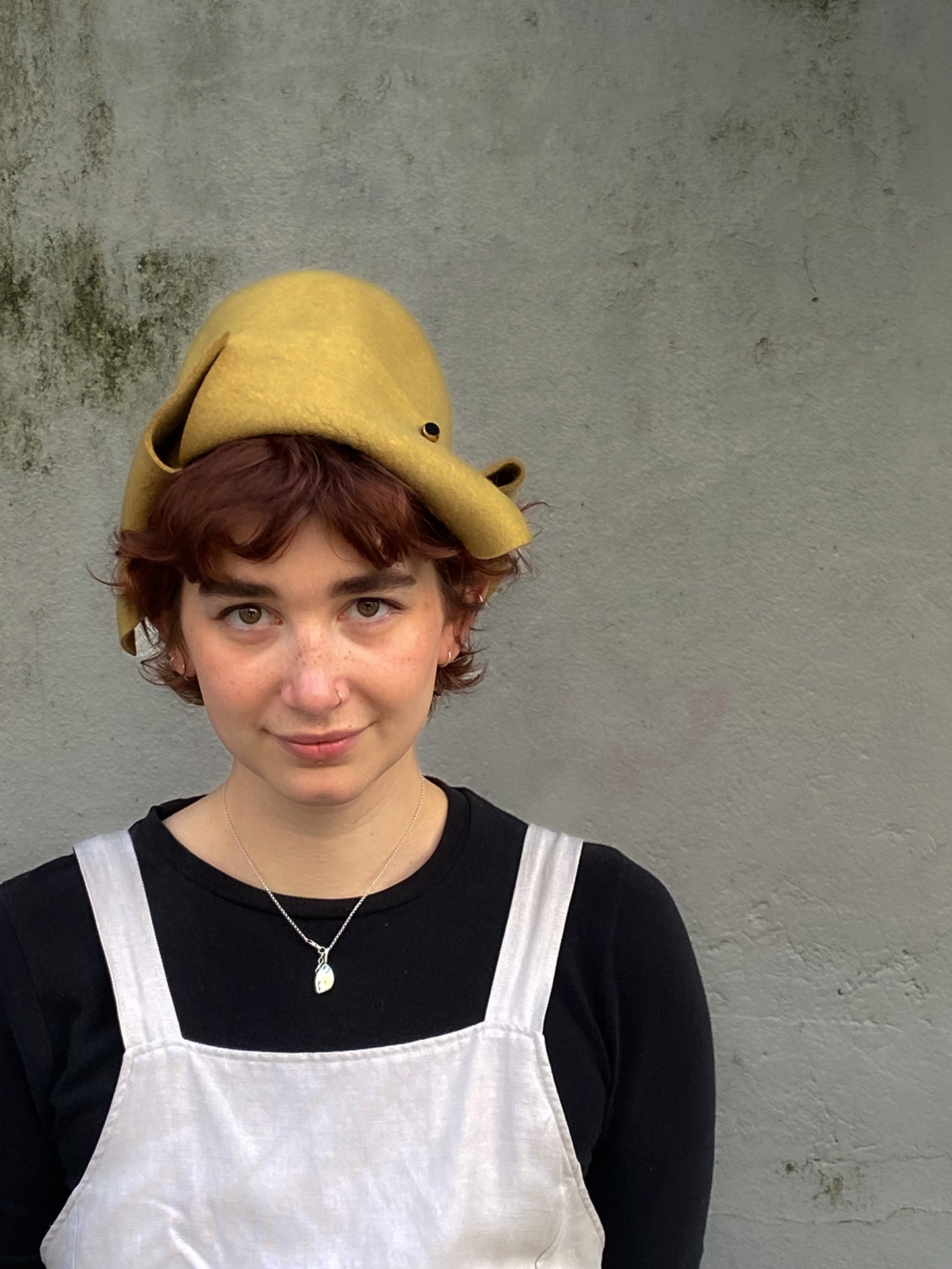 Folded asymmetrical fur felt hat - Origami - mustard yellow - Tomoko Tahara millinery works