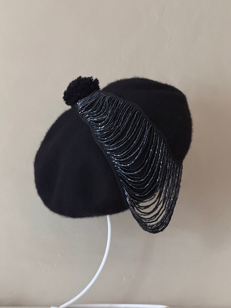 Wool Beret with 1920s Great Gatsby inspired black Beaded Fringe.