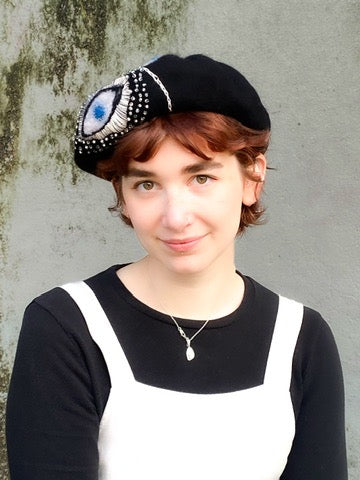 Black fur felt beret - Enigmatic eyes  - Tomoko Tahara millinery works