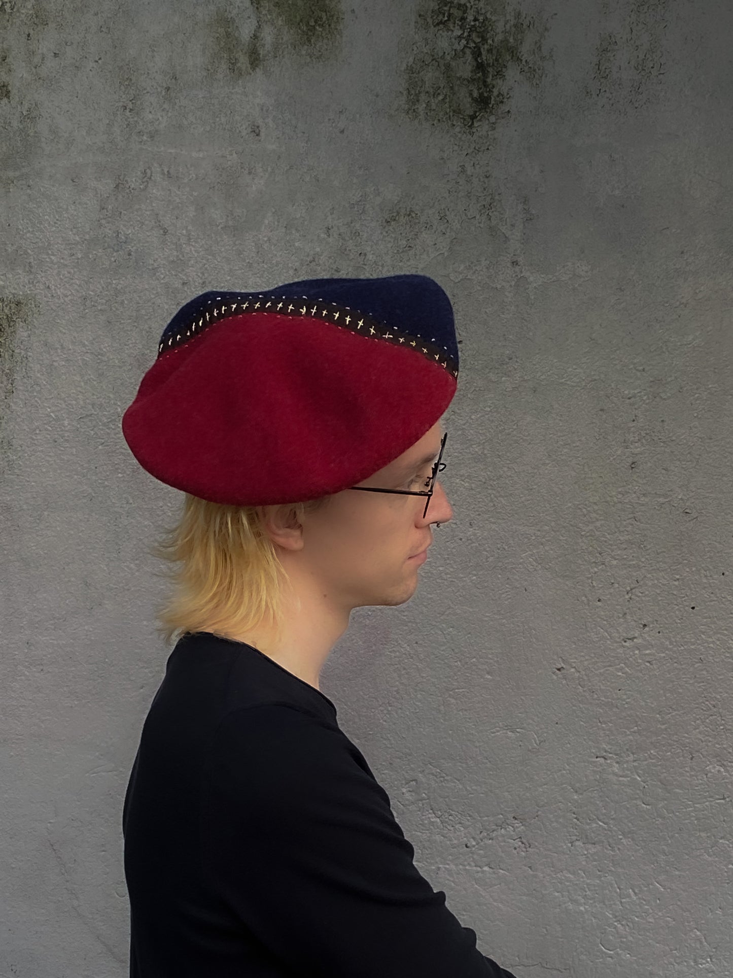Two tone fur felt wool beret - navy and wine red  - Tomoko Tahara millinery works
