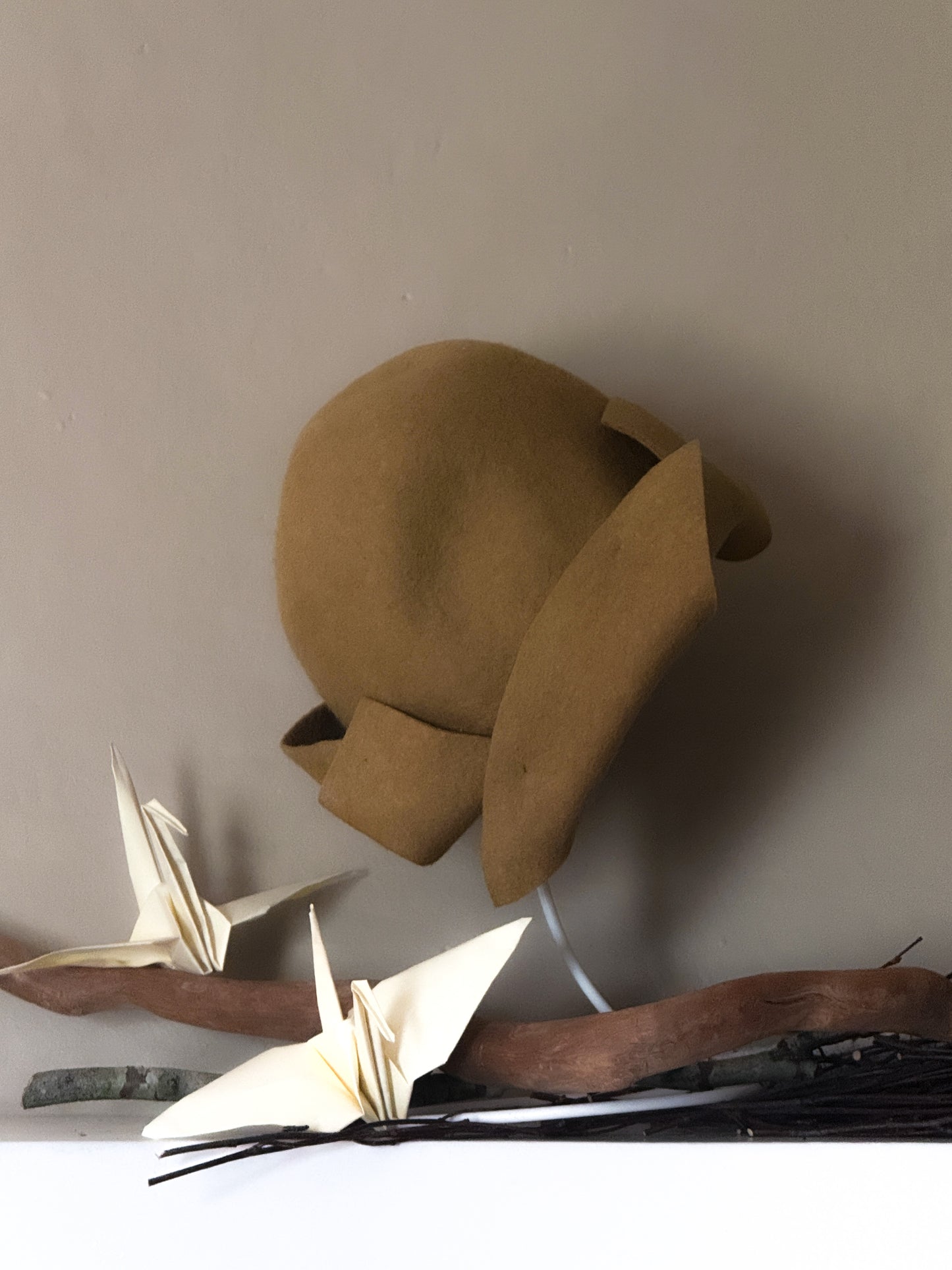 Folded asymmetrical fur felt hat - Origami - mustard yellow - Tomoko Tahara millinery works