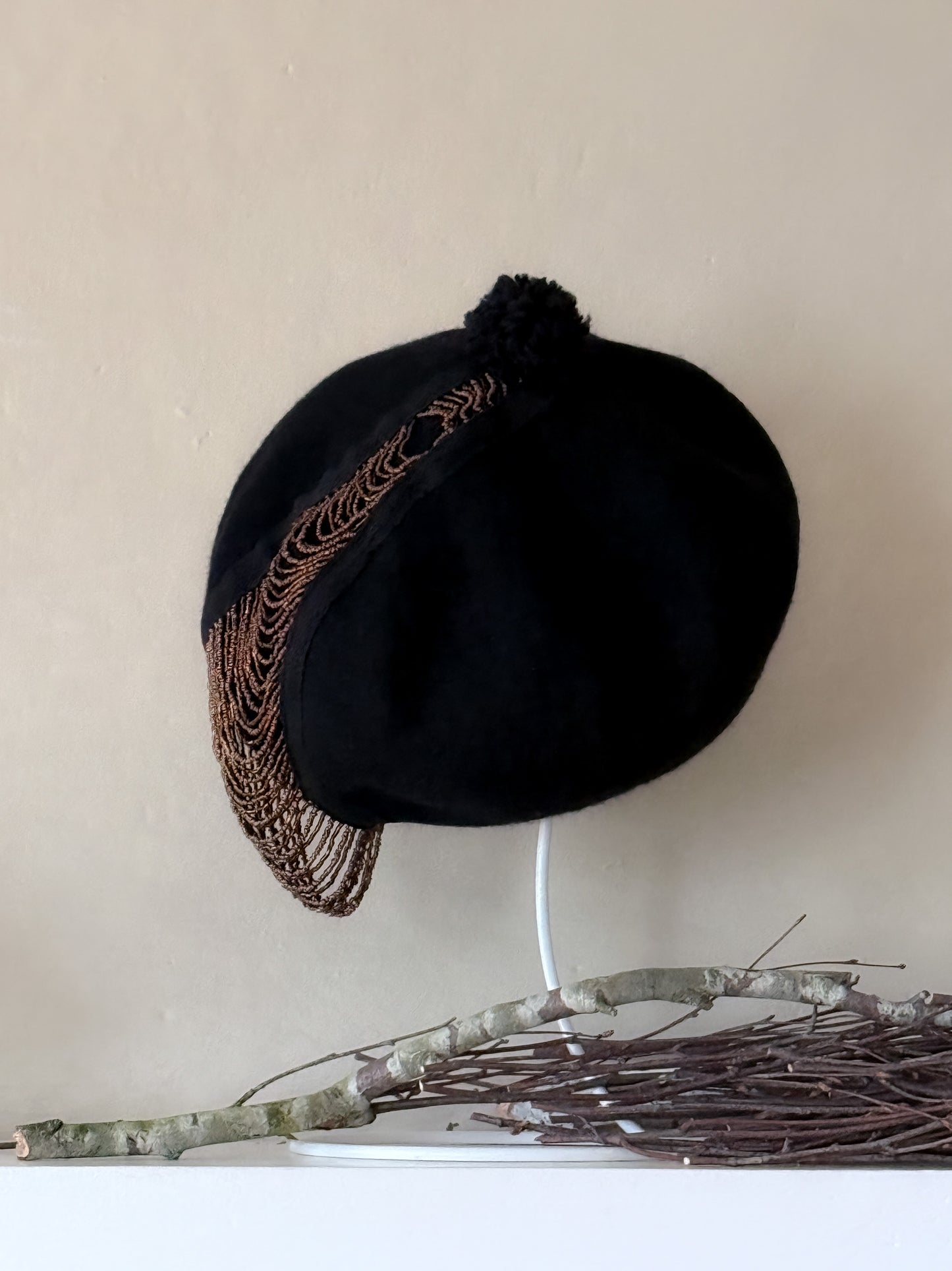 Black Beret with 1920s Great Gatsby inspired brown Beaded Fringe.