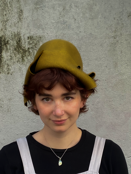 Folded asymmetrical fur felt hat - Origami - mustard yellow - Tomoko Tahara millinery works
