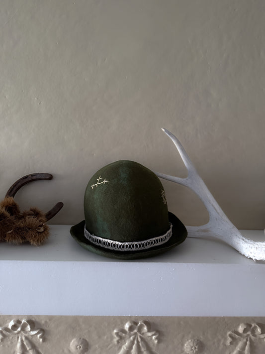 Distressed fur felt dark green bowler hat- Tomoko Tahara millinery works