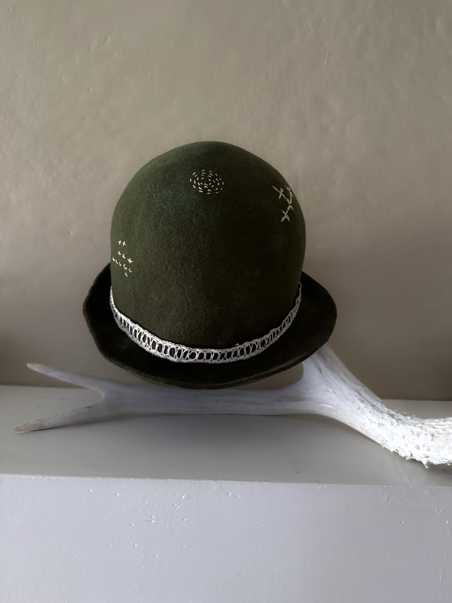 Distressed fur felt dark green bowler hat- Tomoko Tahara millinery works