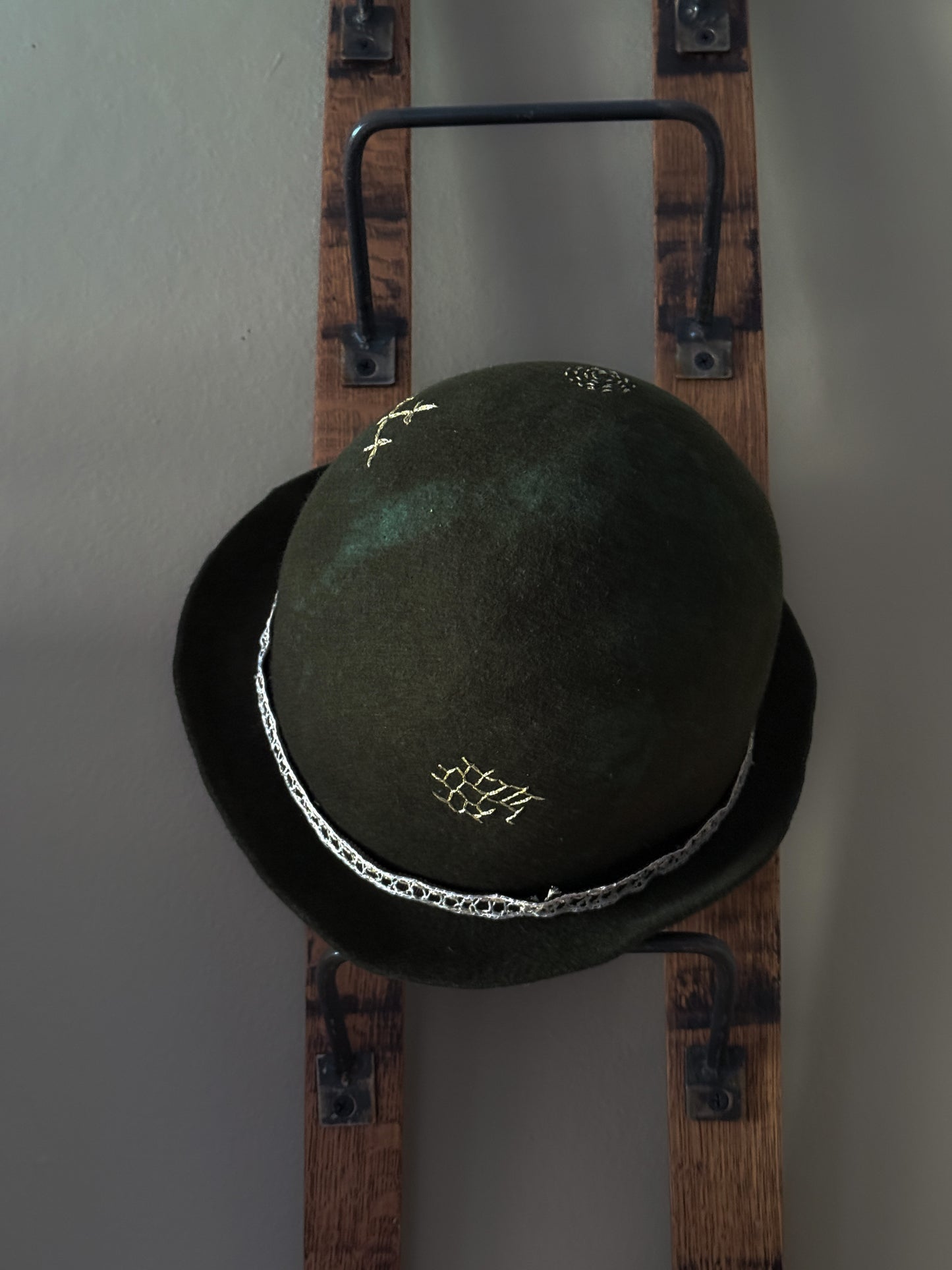 Distressed fur felt dark green bowler hat- Tomoko Tahara millinery works
