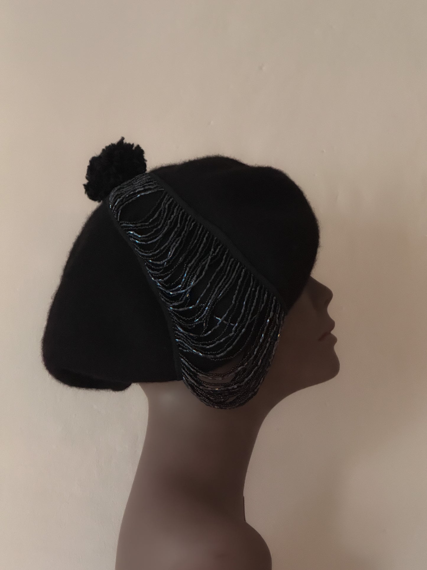 Wool Beret with 1920s Great Gatsby inspired black Beaded Fringe.