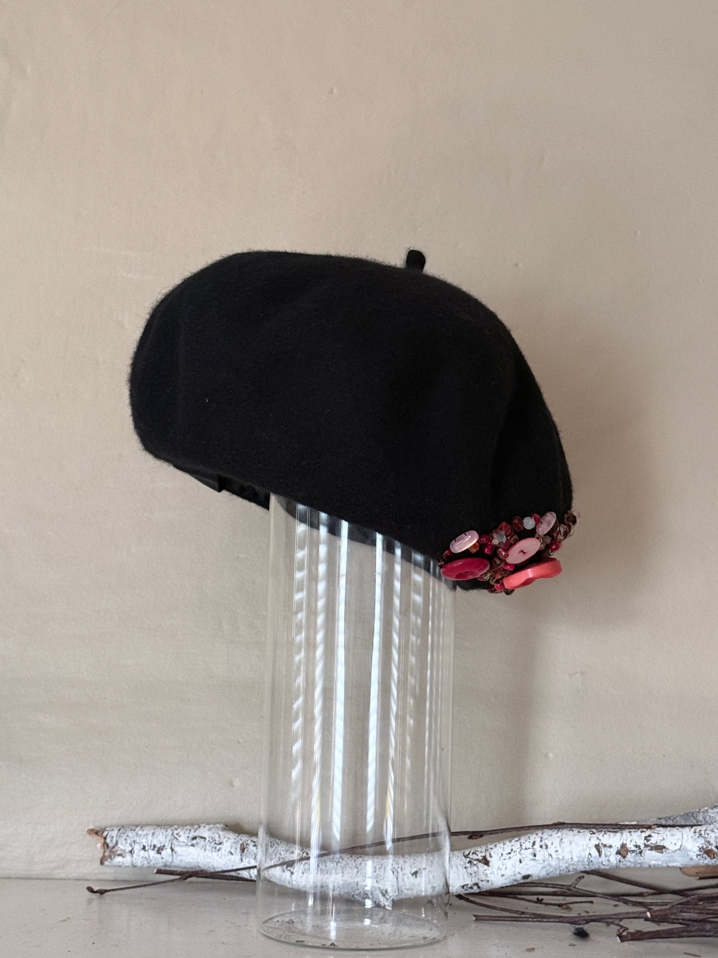 Bijoux beret - black fur felt beret with vintage buttons and beads