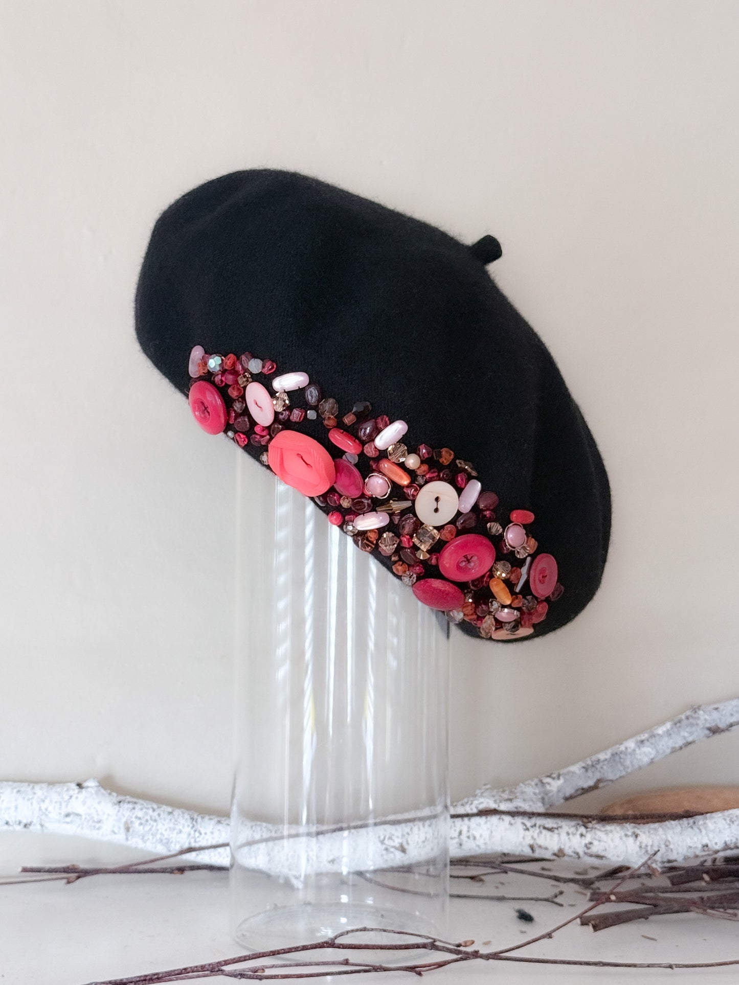 Bijoux beret - black fur felt beret with vintage buttons and beads