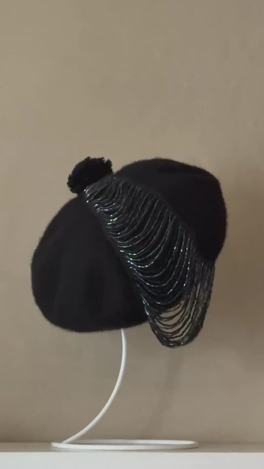 Wool Beret with 1920s Great Gatsby inspired black Beaded Fringe.