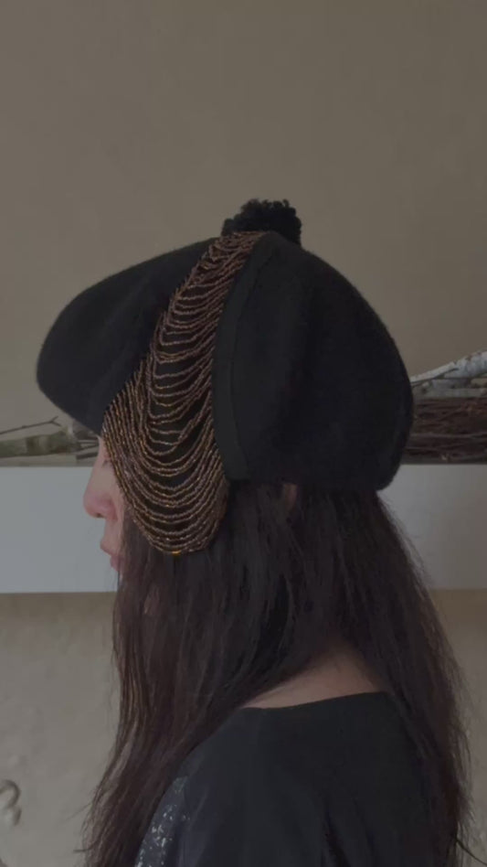 Black Beret with 1920s Great Gatsby inspired brown Beaded Fringe.